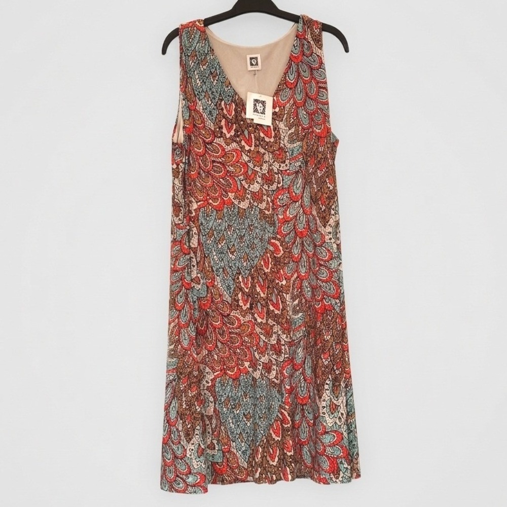 Orange Teel Peacock Feather Print VNeck Sleeveless Dress NWT Boho Festival Art